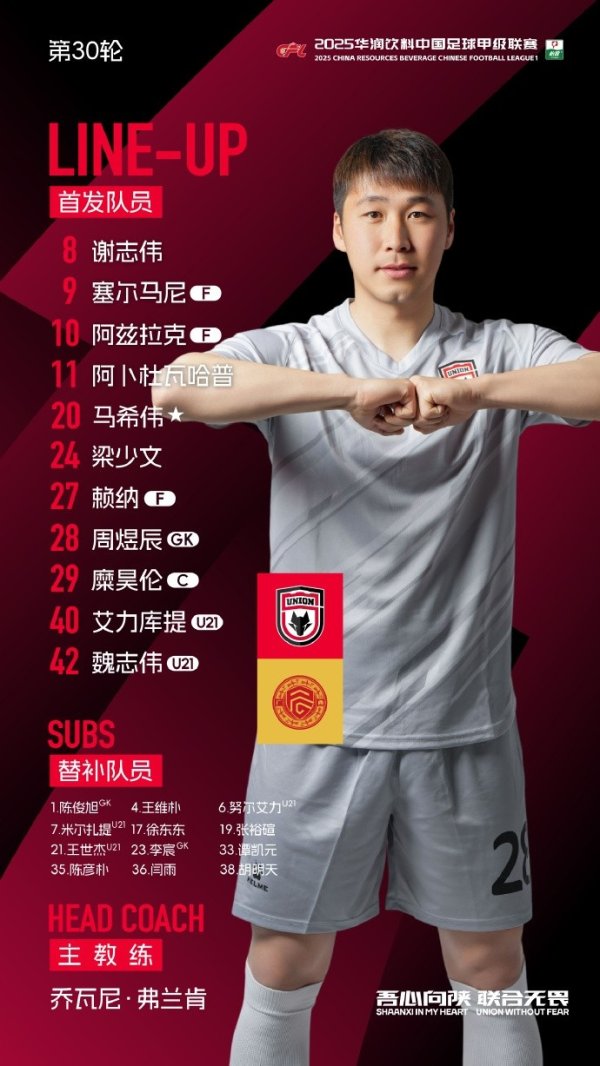 中甲第30轮对阵广西平果，陕西联络首发出炉！